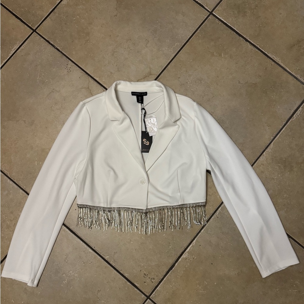 Sincerely Jules White Cropped Blazer with Silver Fringe Trim